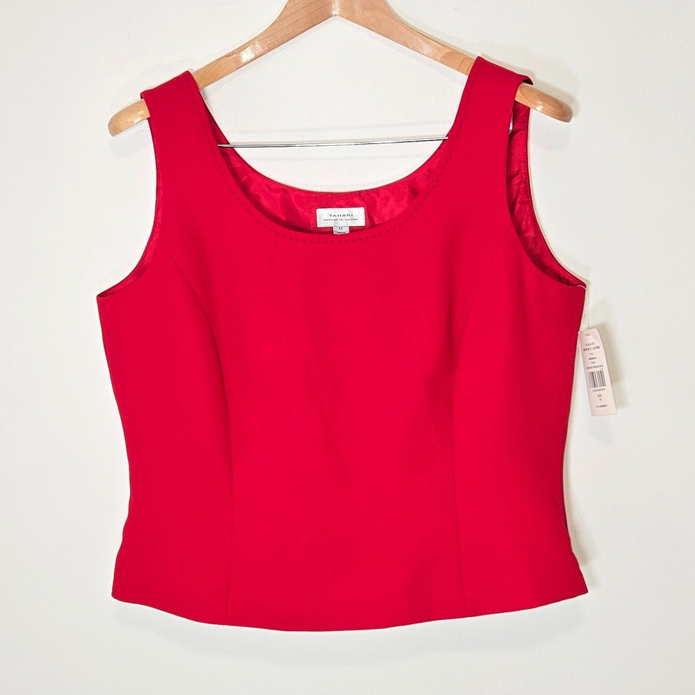 Tahari Arthur S. Levine Shell Top Women 14 Red Scoop Neck Pick Stitch Sleeveless